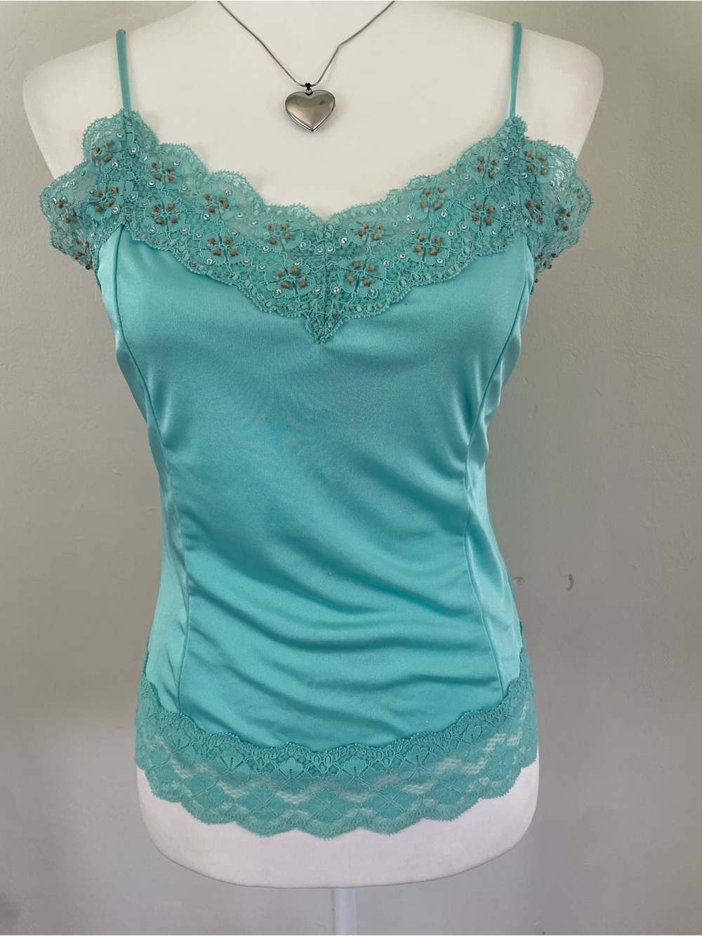 Limited Y2K teal lace cami top with beaded trim, size M fairy core